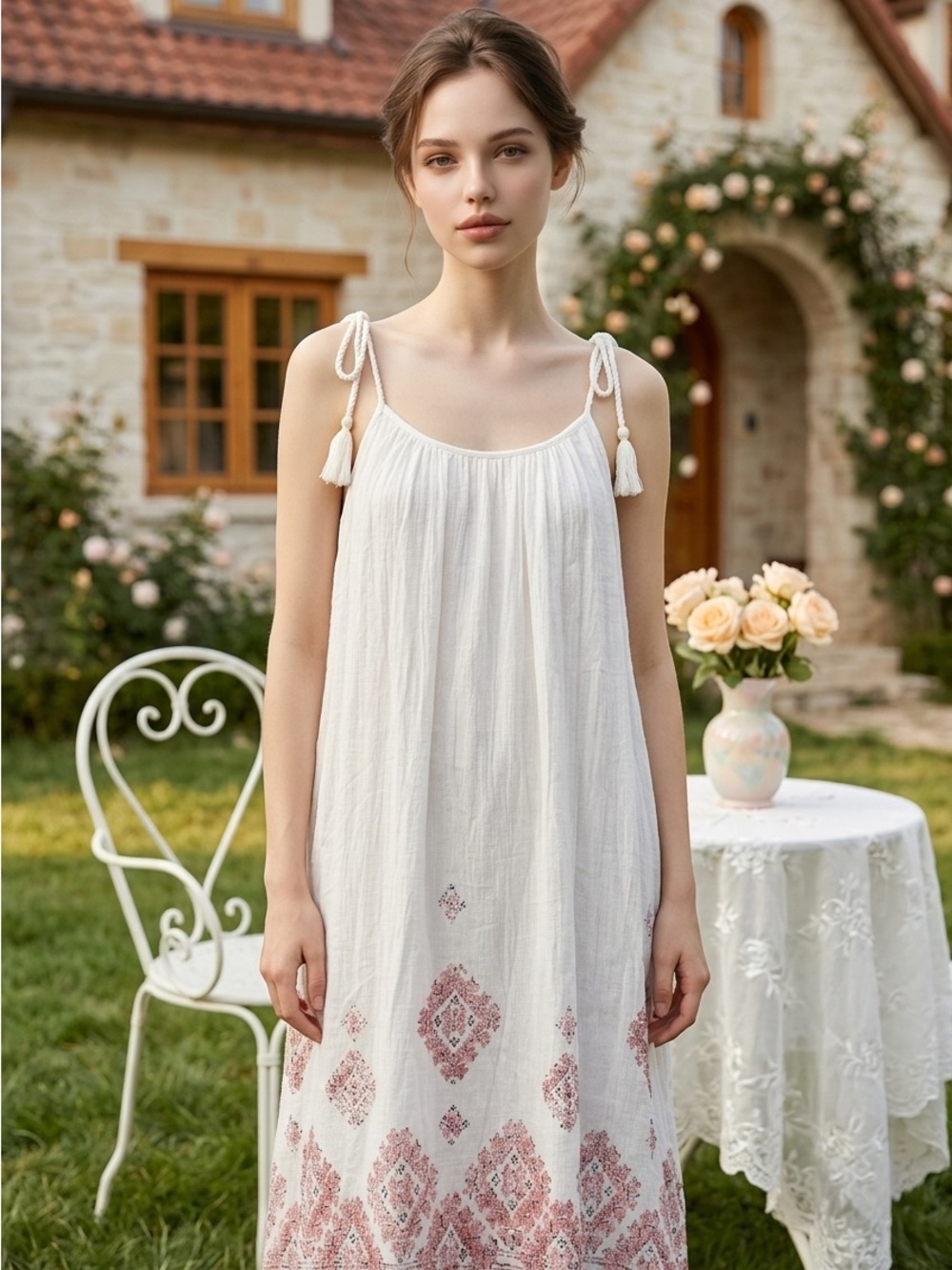 Aerie White Pink Lined Maxi BoHo 100% Cotton Rope Strap Feminine Dress-S